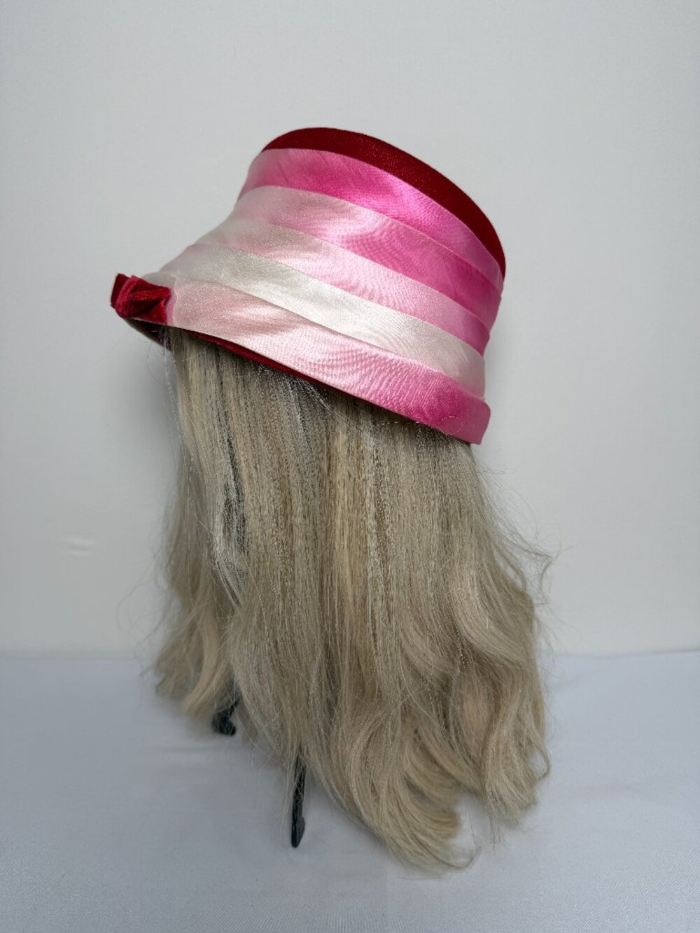 Vintage 60s Pink Ombre Silk Velvet Bow Cloche Bucket Hat - Picture 2 of 11